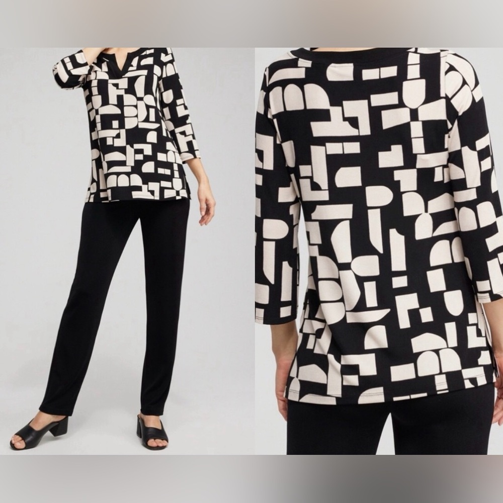 Chico's Traveler's Block Print Split Neck Top Size 1‎ (M) Cream Black